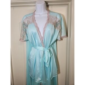 VTG Texsheen Light Blue Nylon Pajama Set Lounge Sz 38 Pants &‎ Lace Wrap Top